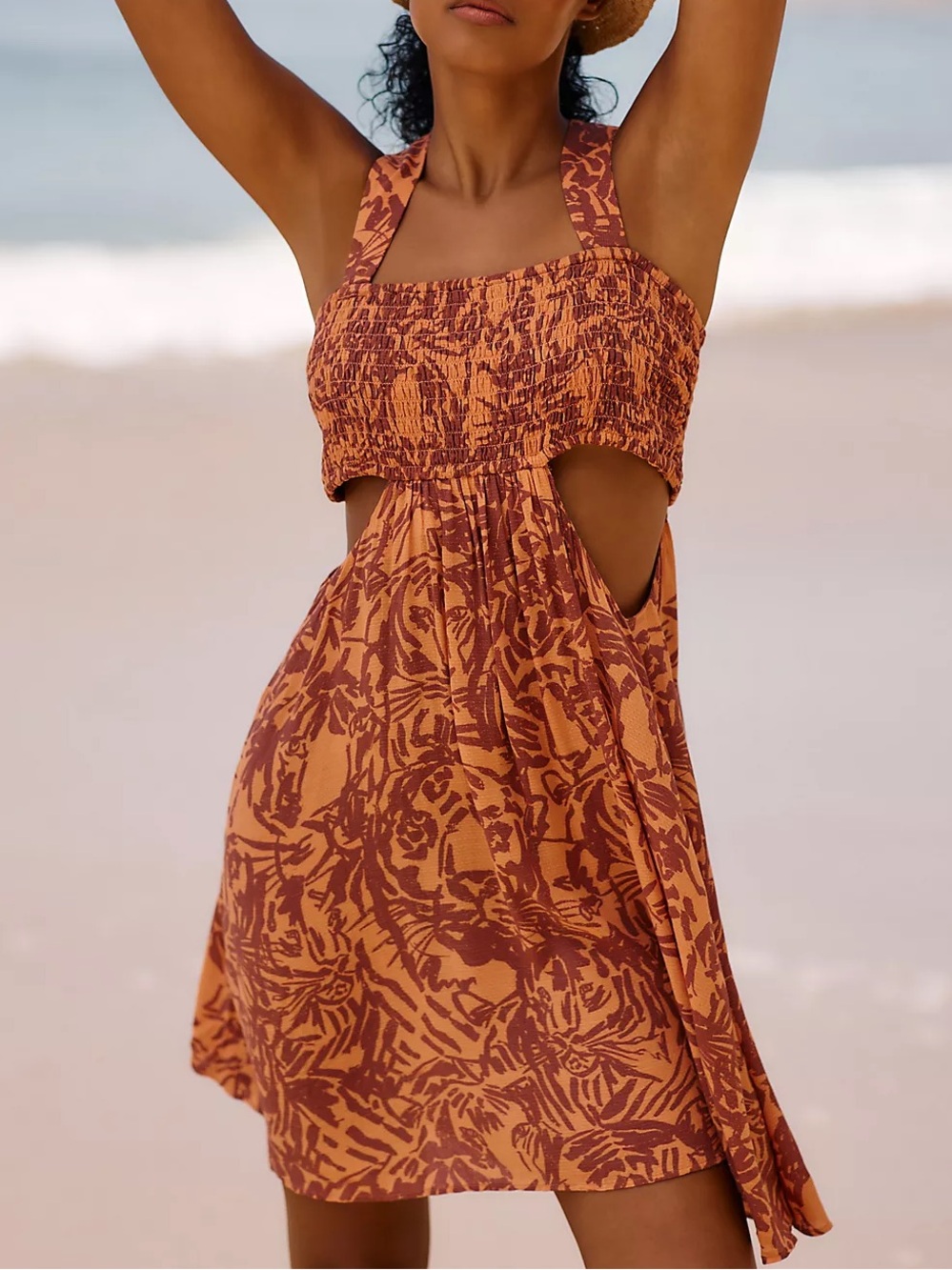 Anthropologie The Piper Bandeau Cutout Rust Tropical Smocked Mini Dress